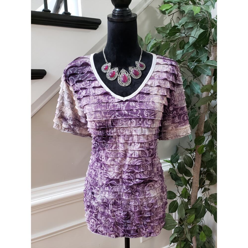 Only Nine Top Blouse Women's Size 3X Purple Casual Ruffle Short Sleeve V-Neck